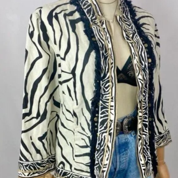 Chico's Linen Animal Print Zebra Fringe Open Jacket Metal Details Womenβs Size 2 - Picture 1 of 15